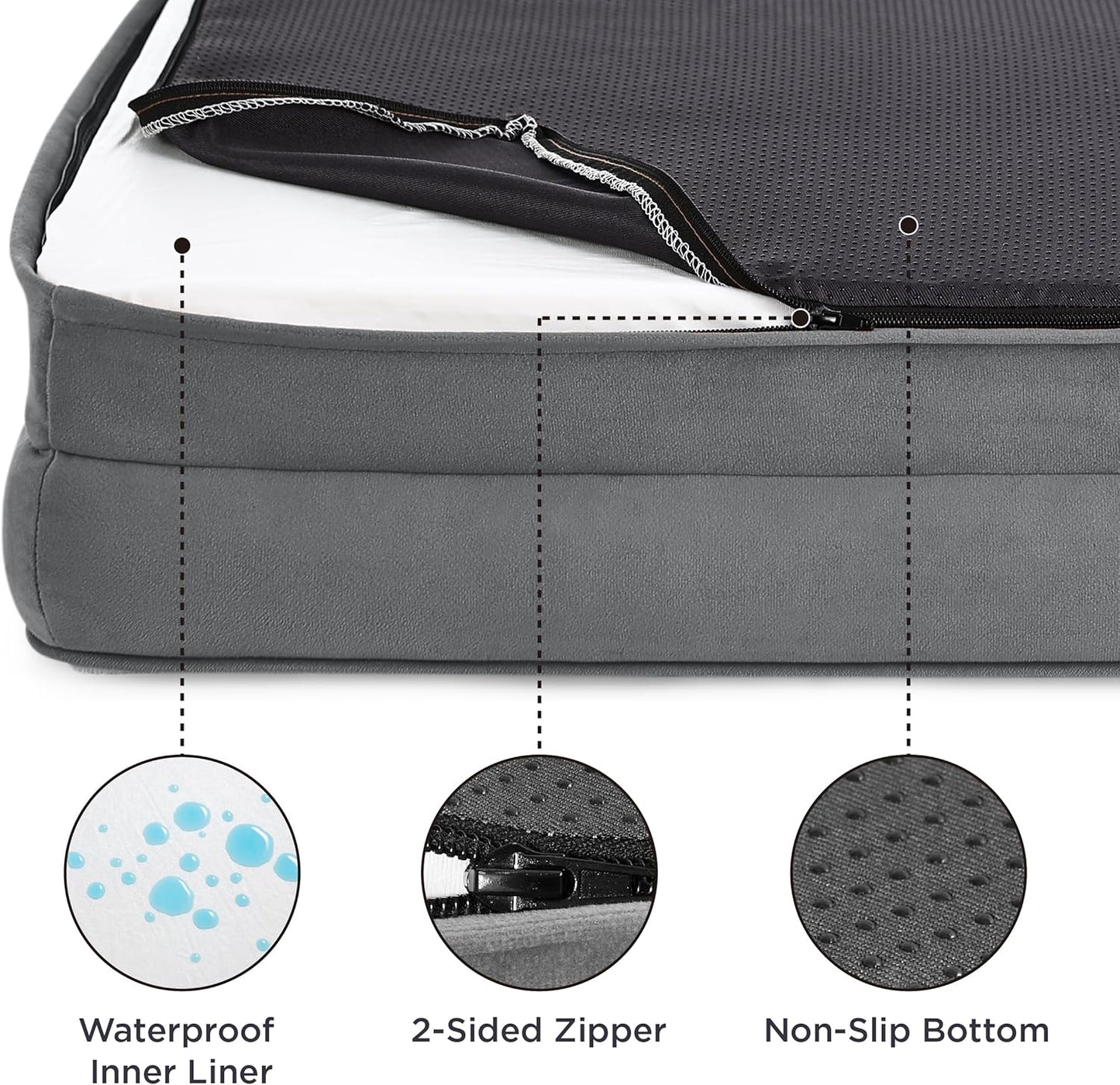 Large Dog Bed Sofa - Washable Orthopedic Dog Beds and Couch with Removable Flannel Cover, Waterproof Dog Pillow with U-Shape Bolster, Grey Squre Pet Bed, 89X63X16Cm