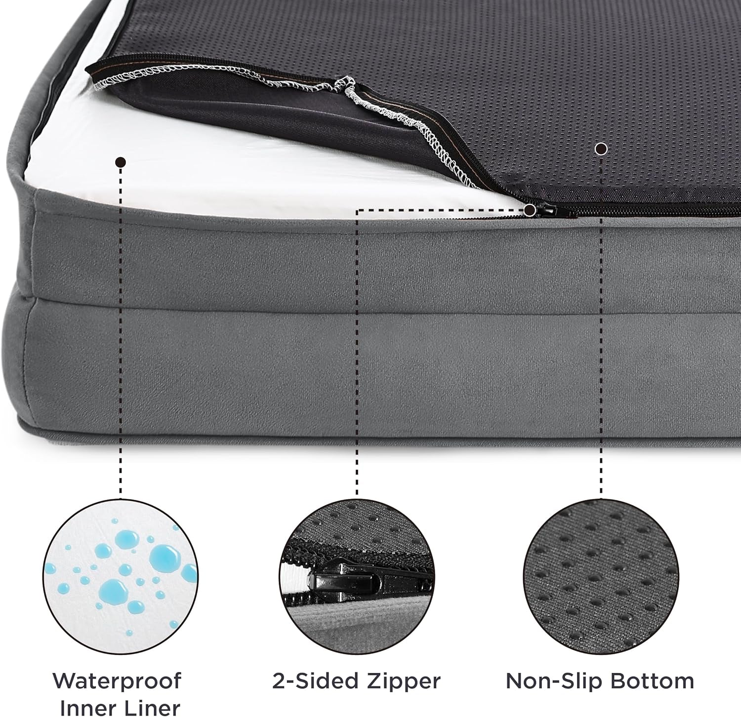 Large Dog Bed Sofa - Washable Orthopedic Dog Beds and Couch with Removable Flannel Cover, Waterproof Dog Pillow with U-Shape Bolster, Grey Squre Pet Bed, 89X63X16Cm