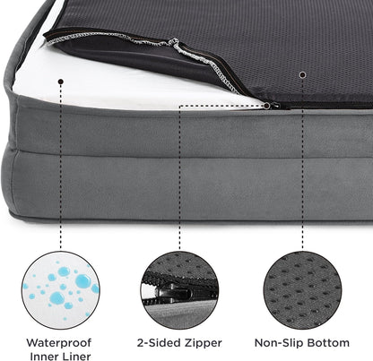 Large Dog Bed Sofa - Washable Orthopedic Dog Beds and Couch with Removable Flannel Cover, Waterproof Dog Pillow with U-Shape Bolster, Grey Squre Pet Bed, 89X63X16Cm