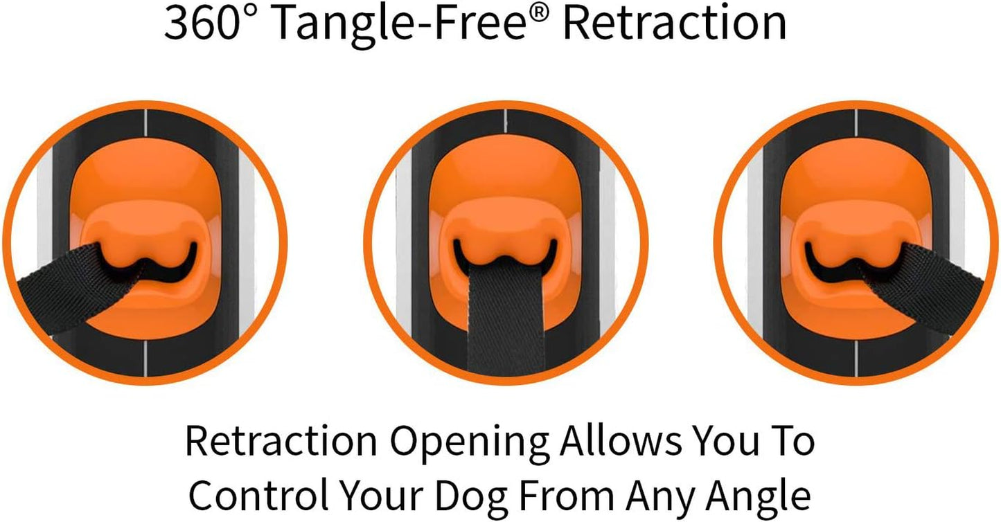 360° Tangle-Free Retractable Dog Lead for up to 25 Kg Dogs | 5 M Strong Nylon Tape/Ribbon | One-Handed Brake, Pause, Lock (Medium, White/Orange)