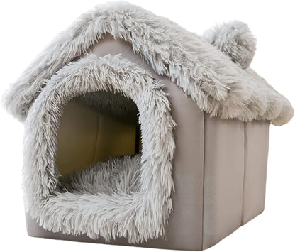 Dog House, Warm and Cozy Cat Cave Bed Indoor with Removable Cushion, 3 in 1 Washable Plush Dog Igloo, Foldable Non-Slip Kennel for Pets Puppy Kitten Rabbit