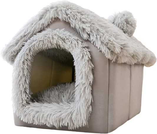 Dog House, Warm and Cozy Cat Cave Bed Indoor with Removable Cushion, 3 in 1 Washable Plush Dog Igloo, Foldable Non-Slip Kennel for Pets Puppy Kitten Rabbit