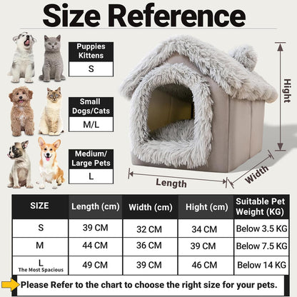 Dog House, Warm and Cozy Cat Cave Bed Indoor with Removable Cushion, 3 in 1 Washable Plush Dog Igloo, Foldable Non-Slip Kennel for Pets Puppy Kitten Rabbit