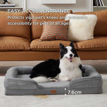 Large Dog Bed Sofa - Washable Orthopedic Dog Beds and Couch with Removable Flannel Cover, Waterproof Dog Pillow with U-Shape Bolster, Grey Squre Pet Bed, 89X63X16Cm