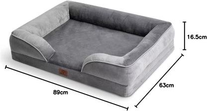 Large Dog Bed Sofa - Washable Orthopedic Dog Beds and Couch with Removable Flannel Cover, Waterproof Dog Pillow with U-Shape Bolster, Grey Squre Pet Bed, 89X63X16Cm