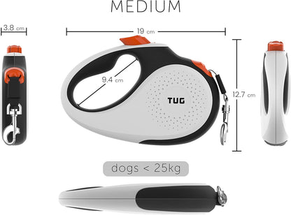 360° Tangle-Free Retractable Dog Lead for up to 25 Kg Dogs | 5 M Strong Nylon Tape/Ribbon | One-Handed Brake, Pause, Lock (Medium, White/Orange)