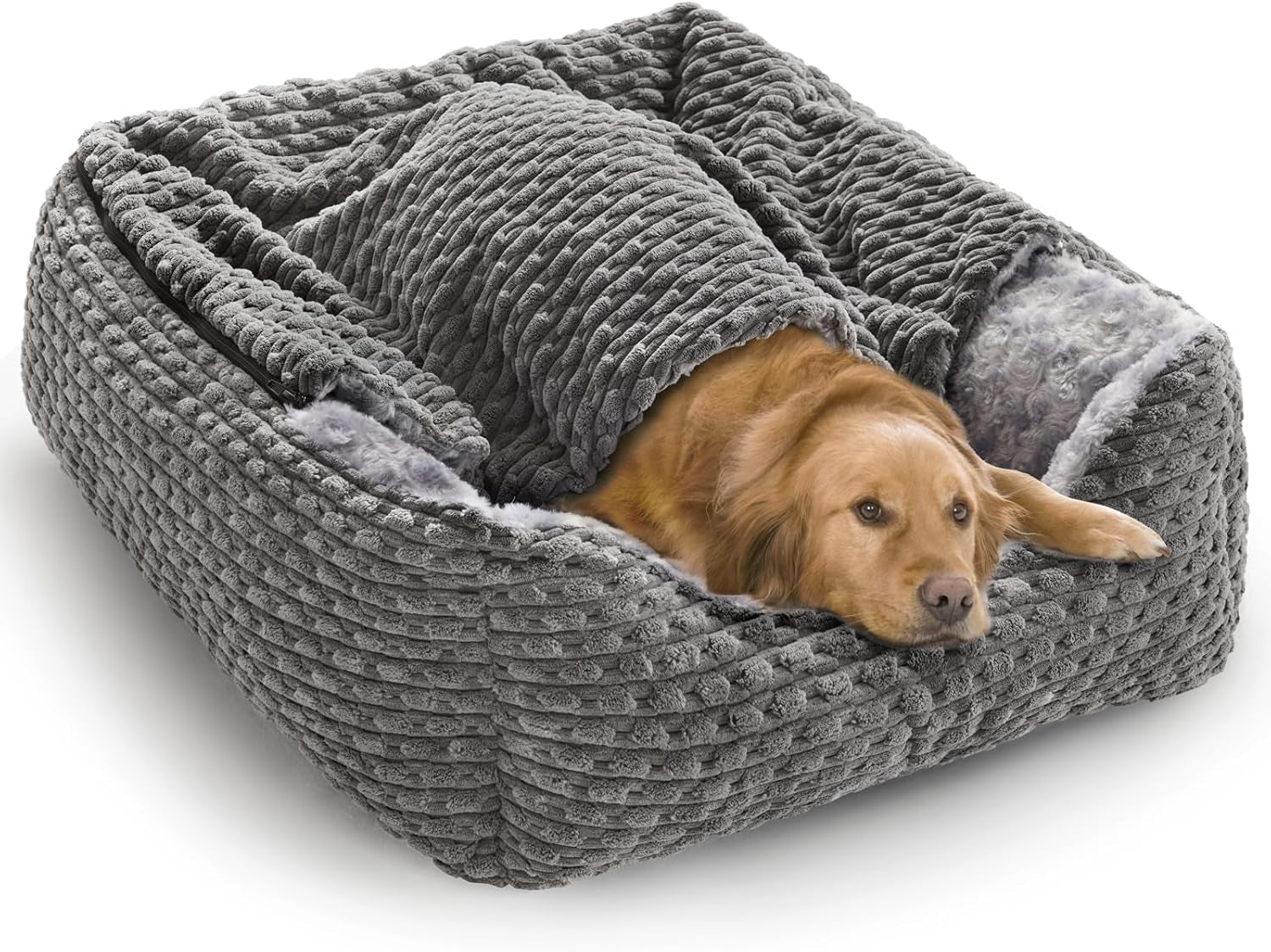 Extra Large Dog Bed Rectangle Large Pet Beds Grey, Hooded Pet Cave Bed with Designed for Wheat Grain, Soft Rose Fluff XL Dog Cave with Nonskid Bottom for Labrador, 90X65X23Cm