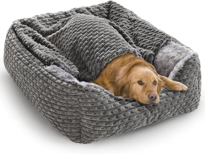 Extra Large Dog Bed Rectangle Large Pet Beds Grey, Hooded Pet Cave Bed with Designed for Wheat Grain, Soft Rose Fluff XL Dog Cave with Nonskid Bottom for Labrador, 90X65X23Cm