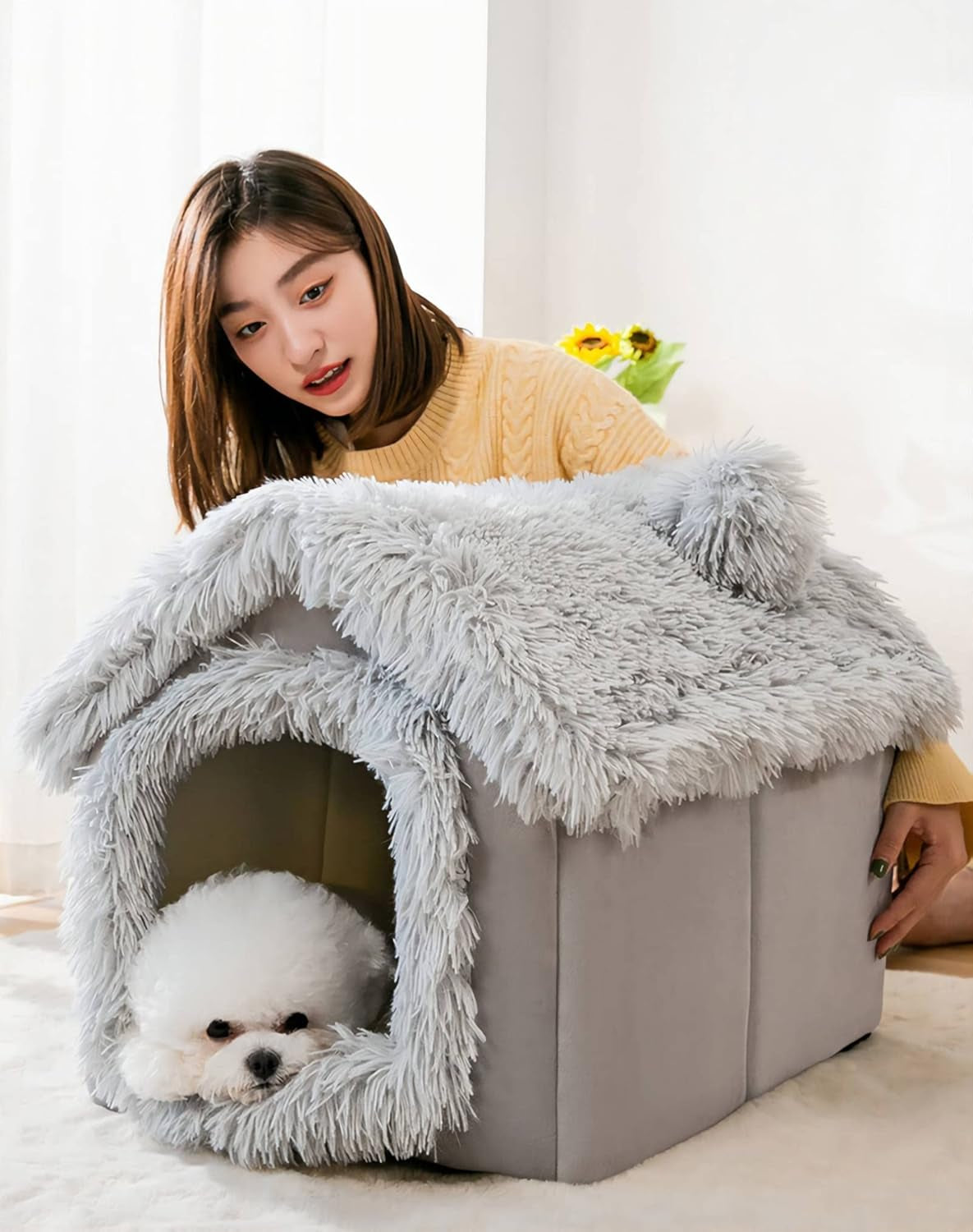 Dog House, Warm and Cozy Cat Cave Bed Indoor with Removable Cushion, 3 in 1 Washable Plush Dog Igloo, Foldable Non-Slip Kennel for Pets Puppy Kitten Rabbit
