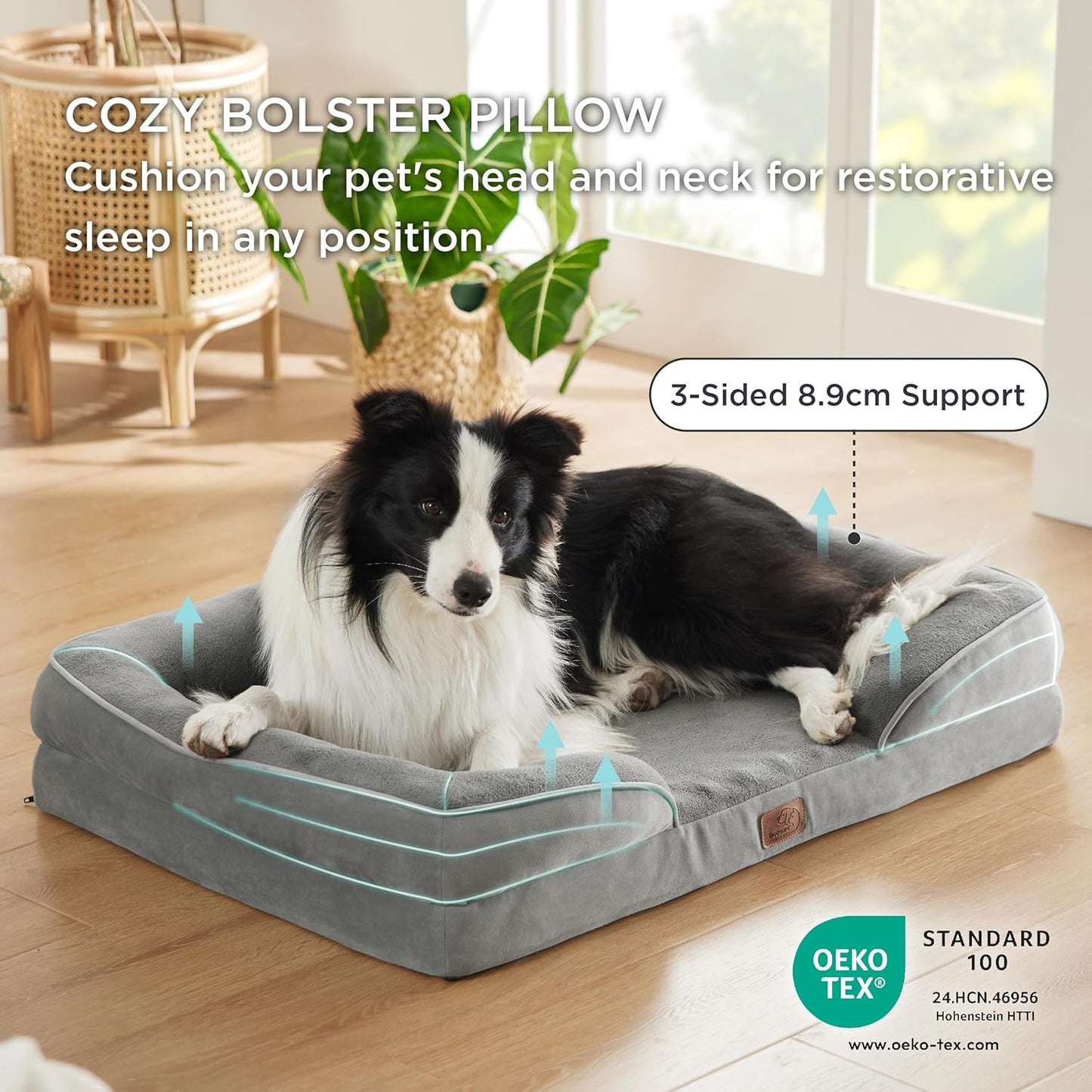 Large Dog Bed Sofa - Washable Orthopedic Dog Beds and Couch with Removable Flannel Cover, Waterproof Dog Pillow with U-Shape Bolster, Grey Squre Pet Bed, 89X63X16Cm