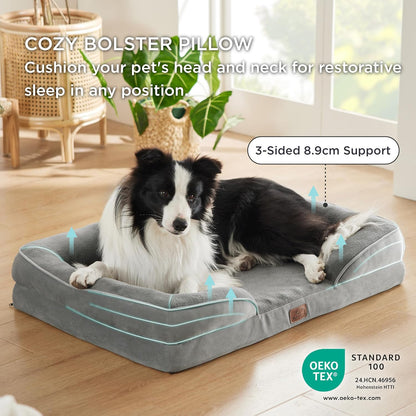 Large Dog Bed Sofa - Washable Orthopedic Dog Beds and Couch with Removable Flannel Cover, Waterproof Dog Pillow with U-Shape Bolster, Grey Squre Pet Bed, 89X63X16Cm
