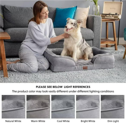 Large Dog Bed Sofa - Washable Orthopedic Dog Beds and Couch with Removable Flannel Cover, Waterproof Dog Pillow with U-Shape Bolster, Grey Squre Pet Bed, 89X63X16Cm