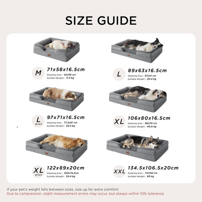 Large Dog Bed Sofa - Washable Orthopedic Dog Beds and Couch with Removable Flannel Cover, Waterproof Dog Pillow with U-Shape Bolster, Grey Squre Pet Bed, 89X63X16Cm