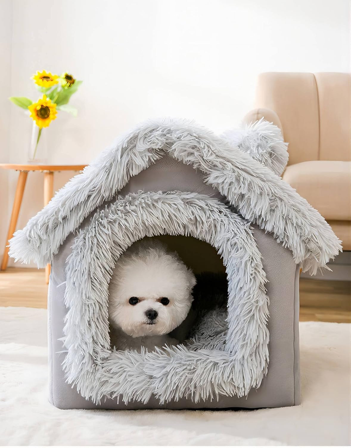 Dog House, Warm and Cozy Cat Cave Bed Indoor with Removable Cushion, 3 in 1 Washable Plush Dog Igloo, Foldable Non-Slip Kennel for Pets Puppy Kitten Rabbit