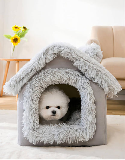 Dog House, Warm and Cozy Cat Cave Bed Indoor with Removable Cushion, 3 in 1 Washable Plush Dog Igloo, Foldable Non-Slip Kennel for Pets Puppy Kitten Rabbit