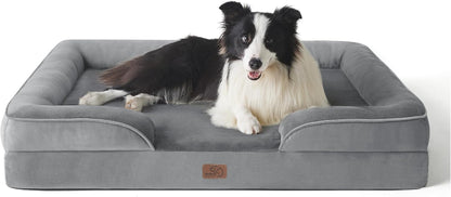 Large Dog Bed Sofa - Washable Orthopedic Dog Beds and Couch with Removable Flannel Cover, Waterproof Dog Pillow with U-Shape Bolster, Grey Squre Pet Bed, 89X63X16Cm
