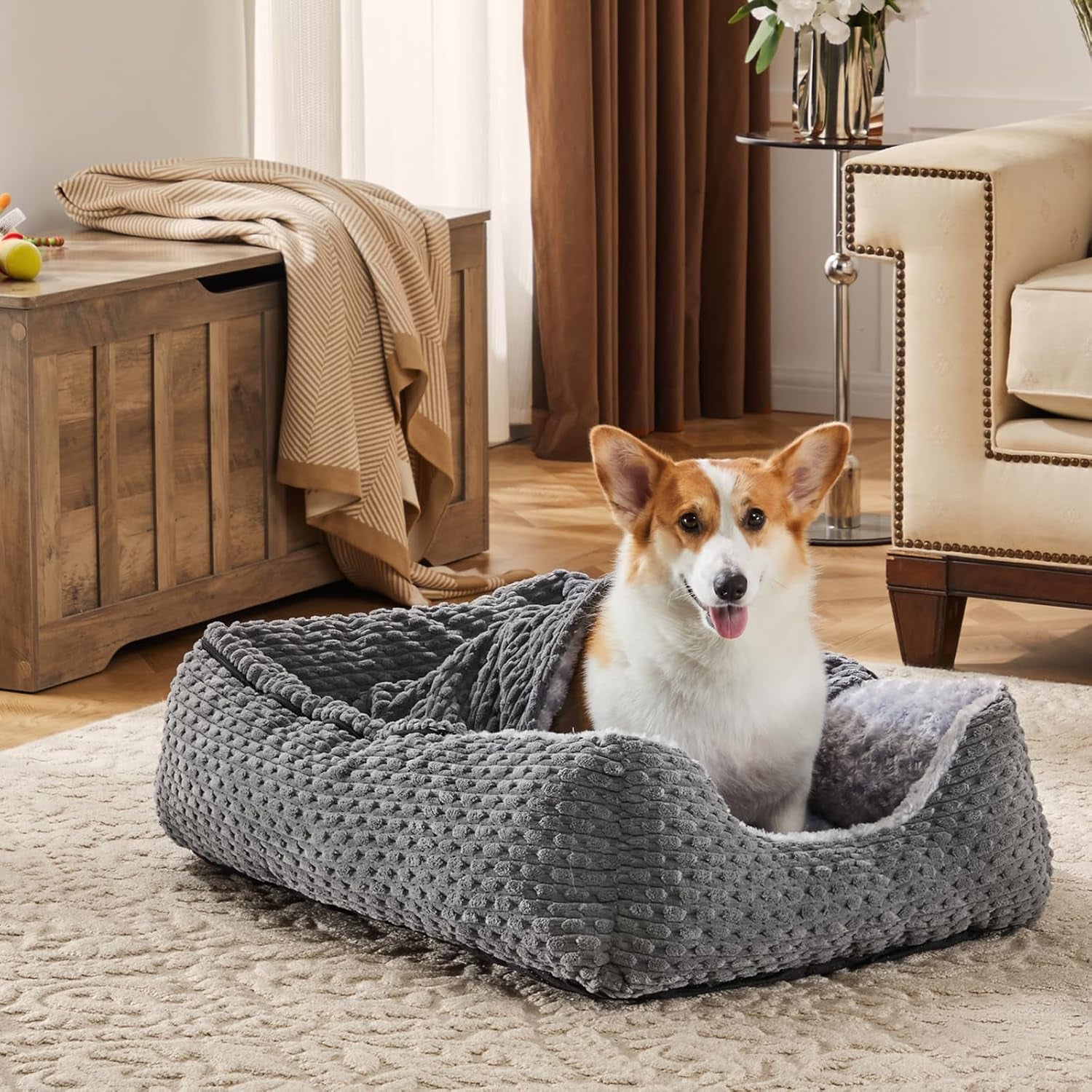 Extra Large Dog Bed Rectangle Large Pet Beds Grey, Hooded Pet Cave Bed with Designed for Wheat Grain, Soft Rose Fluff XL Dog Cave with Nonskid Bottom for Labrador, 90X65X23Cm