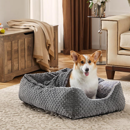 Extra Large Dog Bed Rectangle Large Pet Beds Grey, Hooded Pet Cave Bed with Designed for Wheat Grain, Soft Rose Fluff XL Dog Cave with Nonskid Bottom for Labrador, 90X65X23Cm